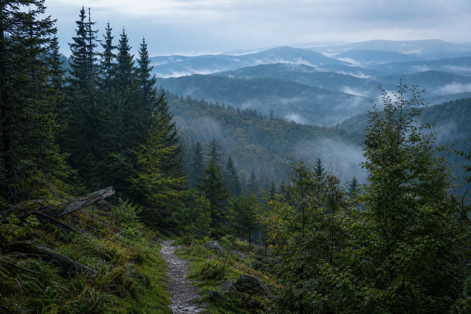 Nebeliger Waldkamm in Thüringen oder im Harz